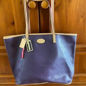 Coach Park Metro Purple Leather Tote with Cream Trim and Pink Accent